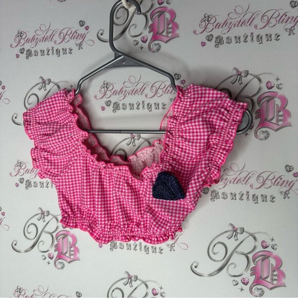 Tank crop milkmaid style bathing suit material pink Gingham Babydoll Top - Picture 5 of 6